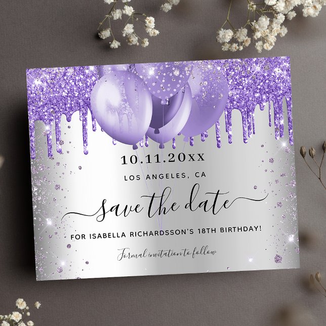 Birthday silver violet budget save the date flyer (Creator Uploaded)
