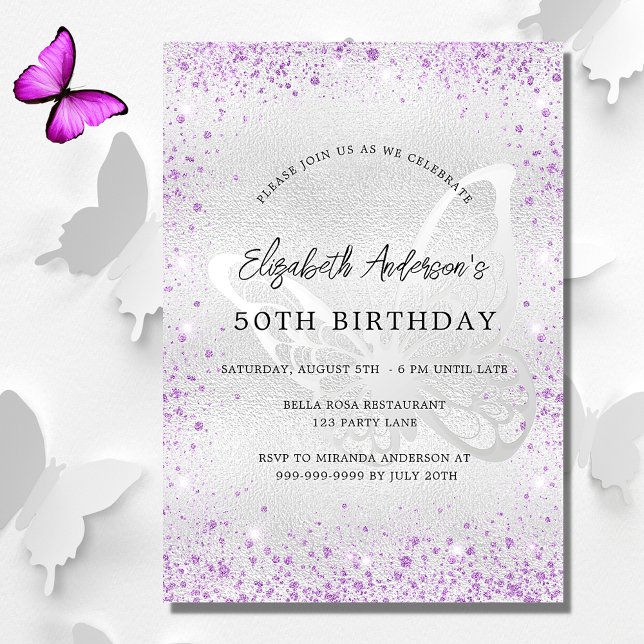 Birthday silver violet butterfly sparkles invitation postcard (Creator Uploaded)