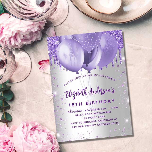 Birthday silver violet glitter balloons luxury invitation (Creator Uploaded)