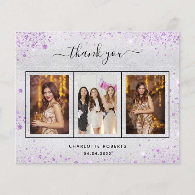 Birthday silver violet photo thank you card (Front)