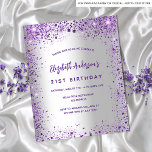 Birthday silver violet purple budget invitation<br><div class="desc">A girly and feminine 21st (or any age) birthday party invitation. On front: A trendy faux silver looking background. Decorated with dark purple and violet faux glitter, sparkles. Personalise and add a name, party details. The name is written with a hand lettered style script, purple coloured letters. Back: faux silver...</div>