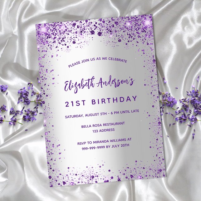 Birthday silver violet purple sparkles invitation (Creator Uploaded)