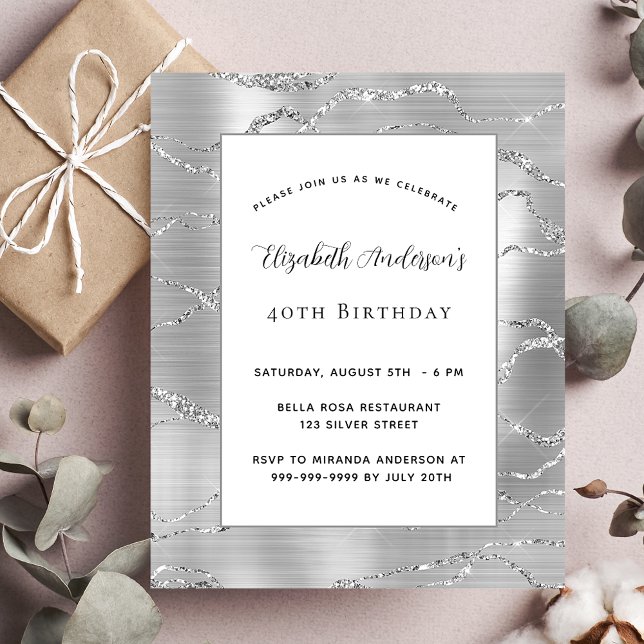 Birthday silver white elegant budget invitation (Creator Uploaded)