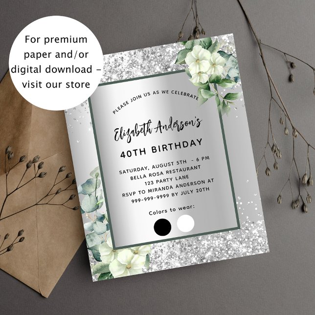 Birthday silver white floral budget invitation flyer (Creator Uploaded)