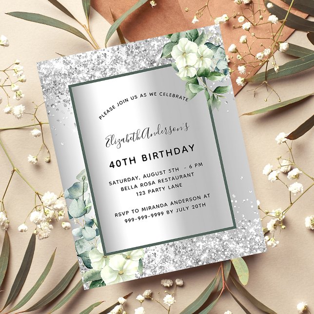 Birthday silver white floral eucalyptus invitation (Creator Uploaded)