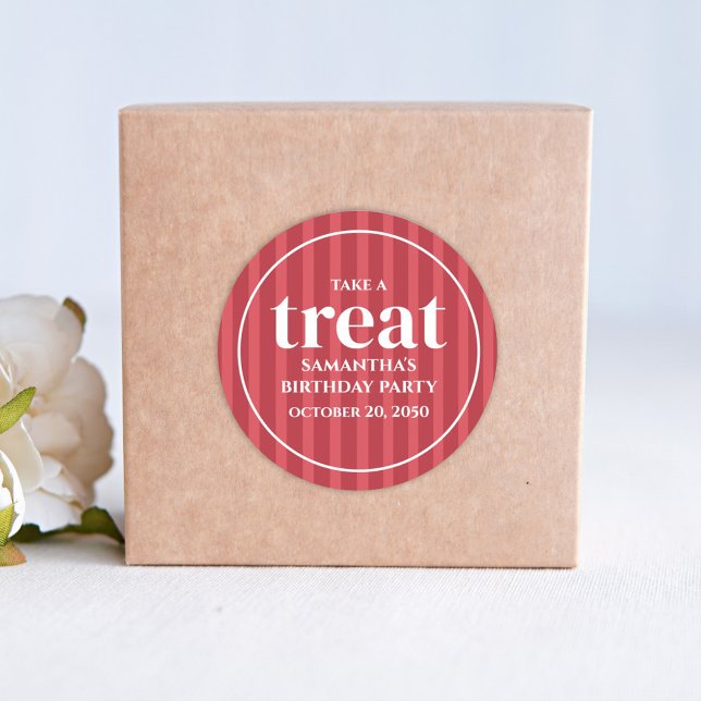 Birthday Simple Minimalist Modern Red Stripe Treat Classic Round Sticker (Creator Uploaded)