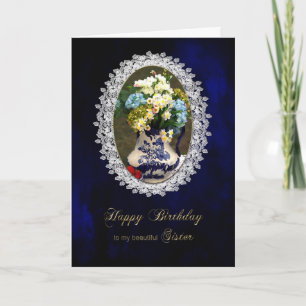 BIRTHDAY, SISTER, Antique Blue/White Vase, Flower Card
