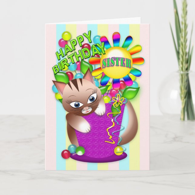 Birthday - Sister - Kitty Cat Celebrating Card (Front)