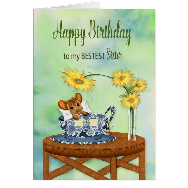 Birthday - Sister - Mouse in Tea Cup Resting (Front)