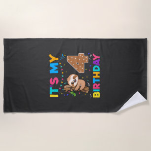 Birthday Sloth 4 years old 4th Birthday Sloth Love Beach Towel