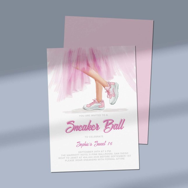 Birthday Sneaker Ball Ballerina Princess Sweet 16 Invitation (birthday sneaker ball invitation sweet 16 princess ballerina dress pink tulle white elegant feminine)