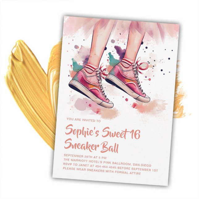 Birthday Sneaker Ball Grunge Watercolor Sweet 16 Invitation (birthday sneaker ball invitation sweet 16 grunge painter rag watercolor splash pink teal purple chic)
