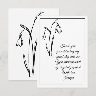 Birthday Snowdrop Floral Black And White Thank You Card