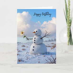 Birthday Snowman Holding a White Daisy Card