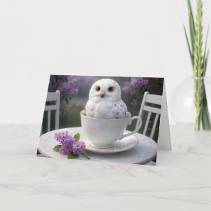 Birthday Snowy Owl in a Teacup with Lilacs Card