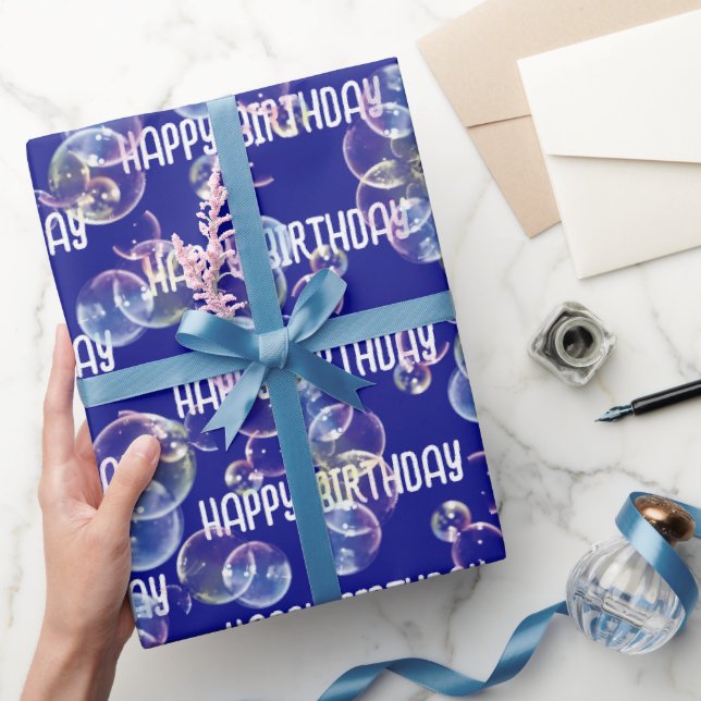 Birthday Soap Bubbles On Blue Wrapping Paper (Gifting)