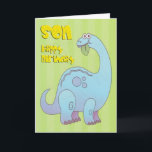 Birthday Son Blue Dinosaur Card<br><div class="desc">Big blue dinosaur eating a leaf,  with a birthday greeting to son on a green background.</div>