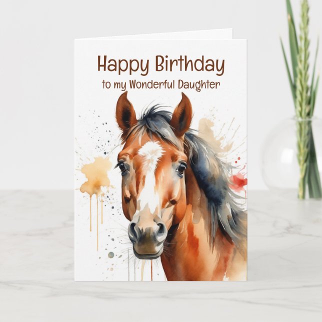 Birthday Special Daughter Horse Watercolor Art Card (Front)