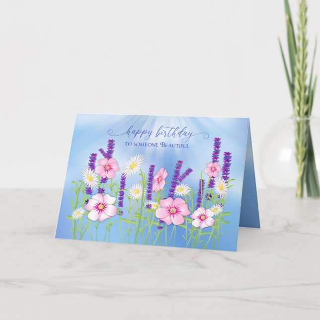 Birthday Special Lady Delicate Flower Garden Blue Card (Front)