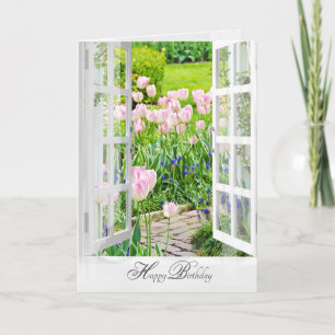 birthday spring garden with pink tulips card