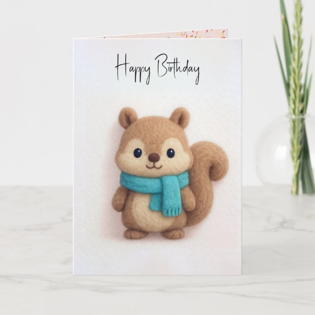 Birthday Squirrel Fuzzy Felt With Scarf Card (Front)