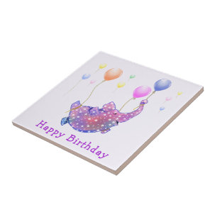 Birthday Starry Elephant Flying Colourful Balloons Tile