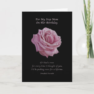 Birthday, Step Mum, Pink Rose on Black Card