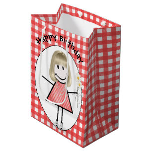 Birthday Stick Figure Girl In Sneakers on Gingham  Medium Gift Bag