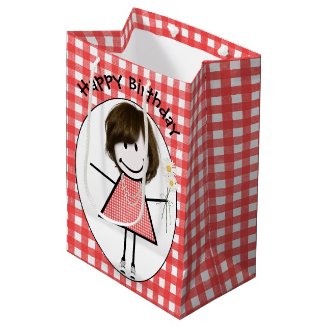 Birthday Stick Figure Girl In Sneakers on Gingham Medium Gift Bag (Front Angled)