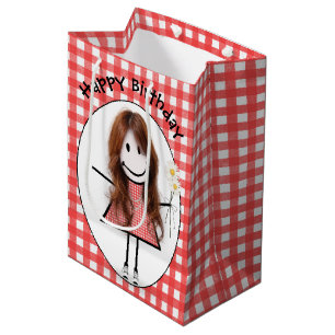 Birthday Stick Figure Girl In Sneakers on Gingham Medium Gift Bag