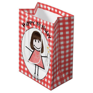 Birthday Stick Figure Girl In Sneakers on Gingham Medium Gift Bag