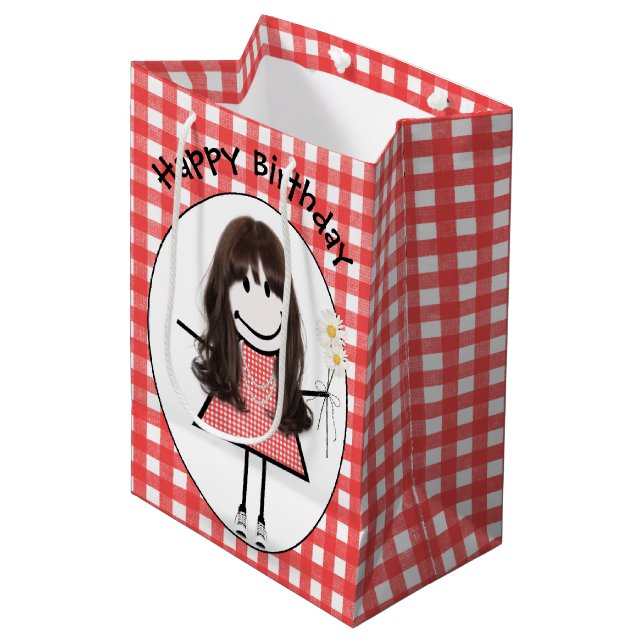 Birthday Stick Figure Girl In Sneakers on Gingham  Medium Gift Bag (Front Angled)