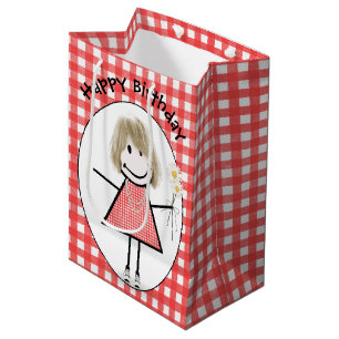 Birthday Stick Figure Girl In Sneakers on Gingham  Medium Gift Bag