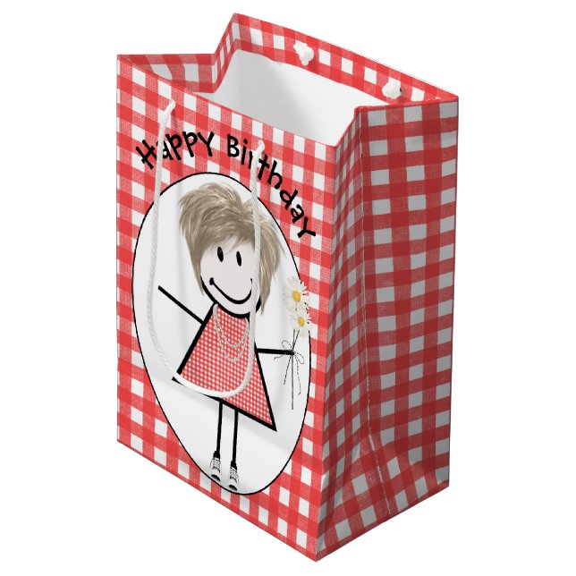 Birthday Stick Figure Girl In Sneakers on Gingham Medium Gift Bag (Front Angled)
