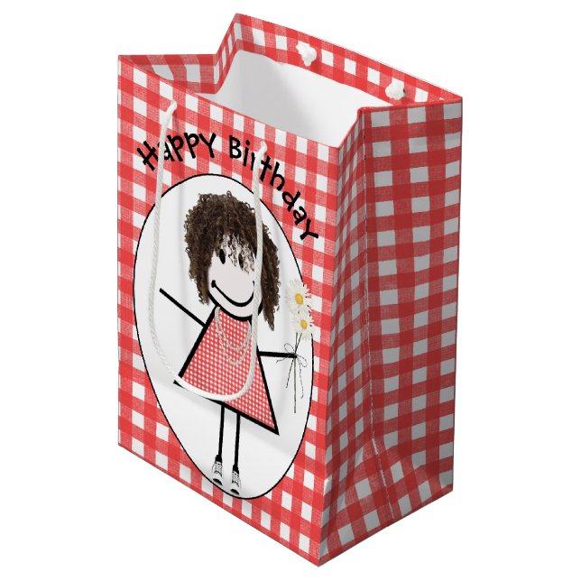 Birthday Stick Figure Girl In Sneakers on Gingham Medium Gift Bag (Front Angled)