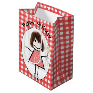 Birthday Stick Figure Girl In Sneakers on Gingham  Medium Gift Bag