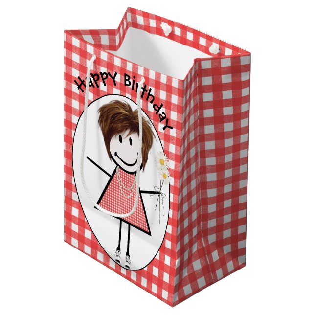 Birthday Stick Figure Girl In Sneakers on Gingham  Medium Gift Bag (Front Angled)