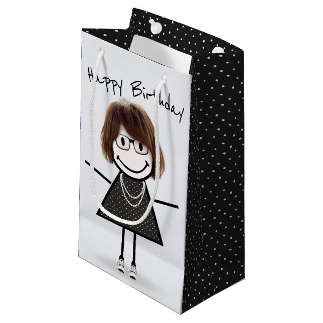 Birthday Stick Figure Girl In Sneakers   Small Gift Bag (Front Angled)