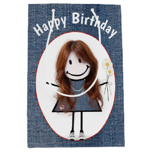 Birthday Stick Figure Girl On Denim Medium Gift Bag