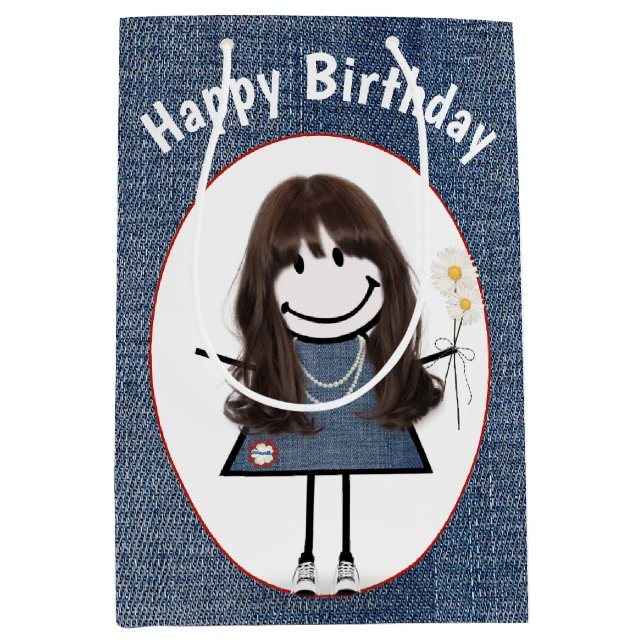 Birthday Stick Figure Girl On Denim Medium Gift Bag (Front)