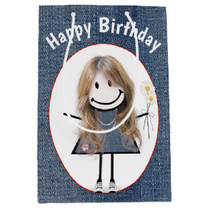 Birthday Stick Figure Girl On Denim  Medium Gift Bag