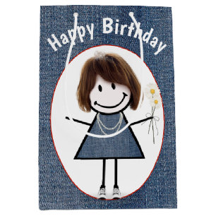 Birthday Stick Figure Girl On Denim Medium Gift Bag