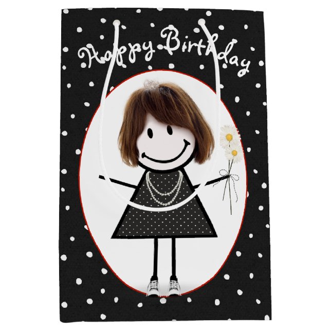 Birthday Stick Figure Girl On Polka Dots  Medium Gift Bag (Front)