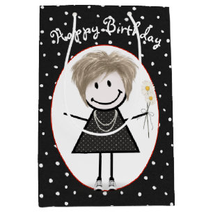 Birthday Stick Figure Girl On Polka Dots  Medium Gift Bag