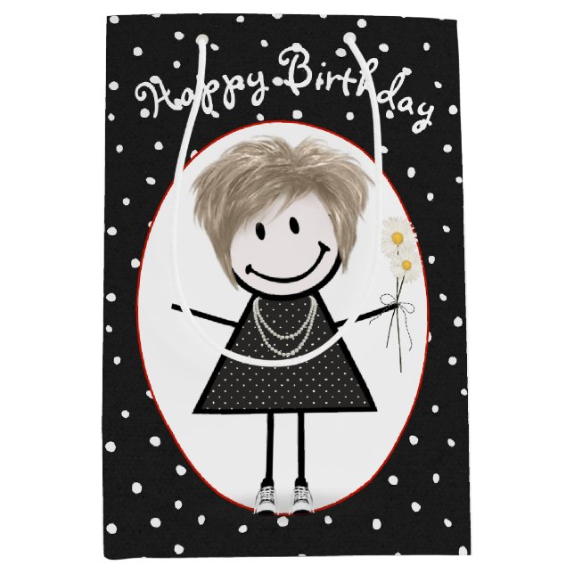 Birthday Stick Figure Girl On Polka Dots  Medium Gift Bag (Front)