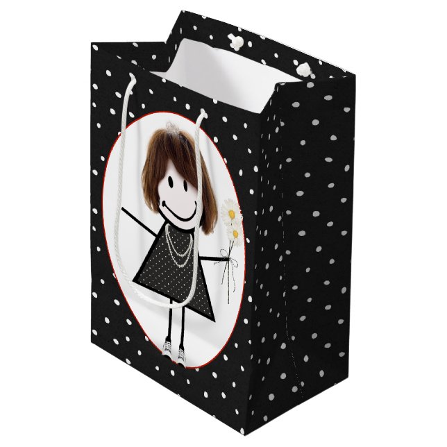 Birthday Stick Figure Girl On Polka Dots Medium Gift Bag (Front Angled)