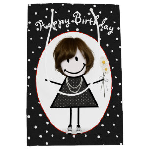 Birthday Stick Figure Girl On Polka Dots   Medium Gift Bag
