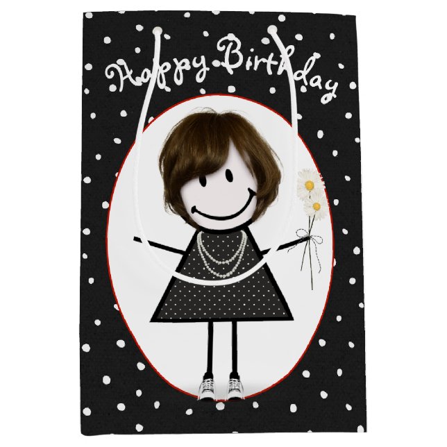 Birthday Stick Figure Girl On Polka Dots   Medium Gift Bag (Front)
