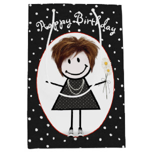 Birthday Stick Figure Girl On Polka Dots  Medium Gift Bag