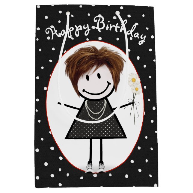 Birthday Stick Figure Girl On Polka Dots  Medium Gift Bag (Front)